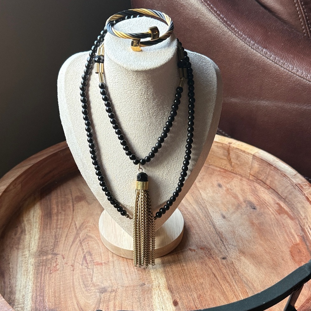 Express Black Beaded Necklace with Gold Tassel and gold black bracelet